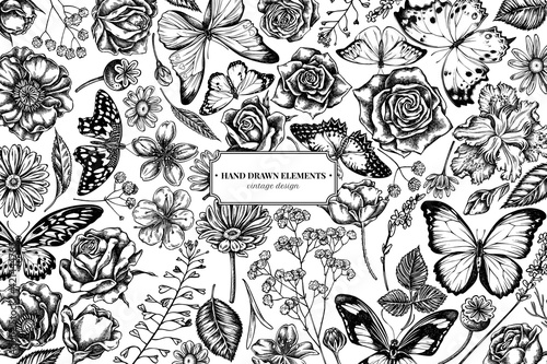 Floral design with black and white shepherd s purse, heather, iris japonica, sakura, gypsophila, chamomile, almond, poppy flower, calendula, menelaus blue morpho, blue morpho, lemon butterfly, red