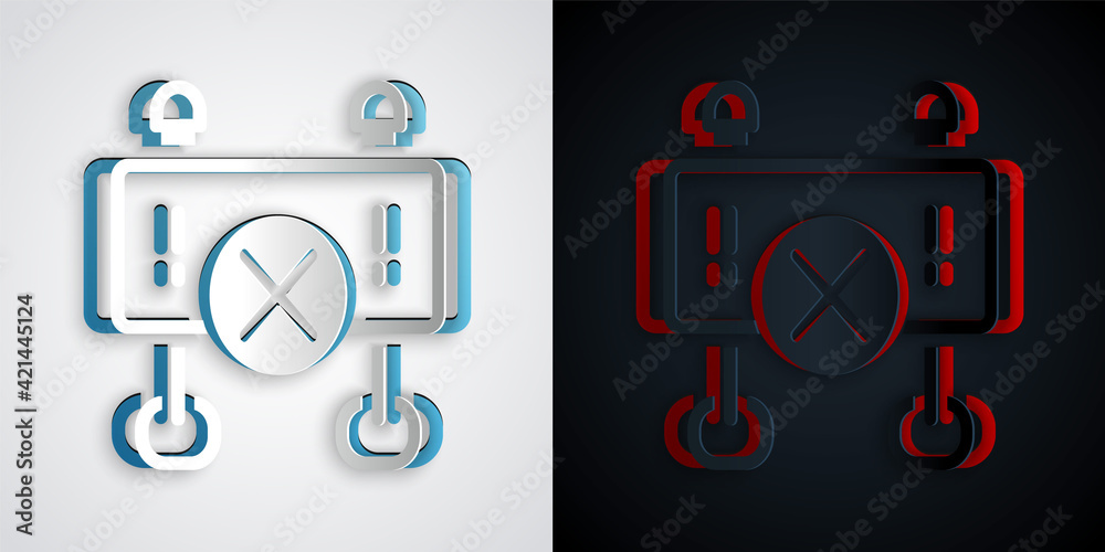 Paper cut Road barrier icon isolated on grey and black background. Symbol of restricted area which are in under construction processes. Repair works. Paper art style. Vector Paper cut Road barrier icon isolated on grey and black background. Symbol of restricted area which are in under construction processes. Repair works. Paper art style. Vector