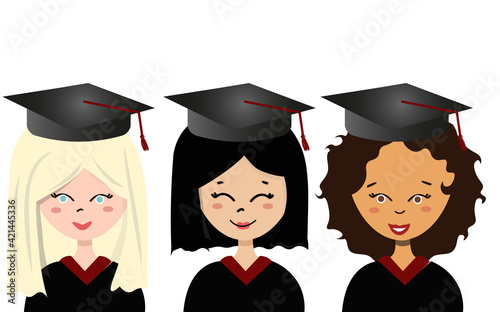 graduate  female students wearing academic gown and graduation cap. Vector illustration. SET