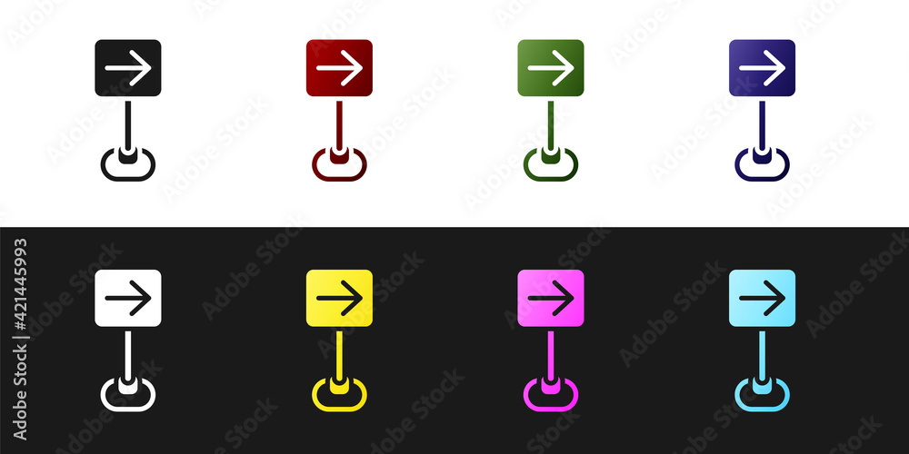 Set Traffic sign turn right warning attention icon isolated on black and white background. Traffic rules and safe driving. Vector Set Traffic sign turn right warning attention icon isolated on black and white background. Traffic rules and safe driving. Vector