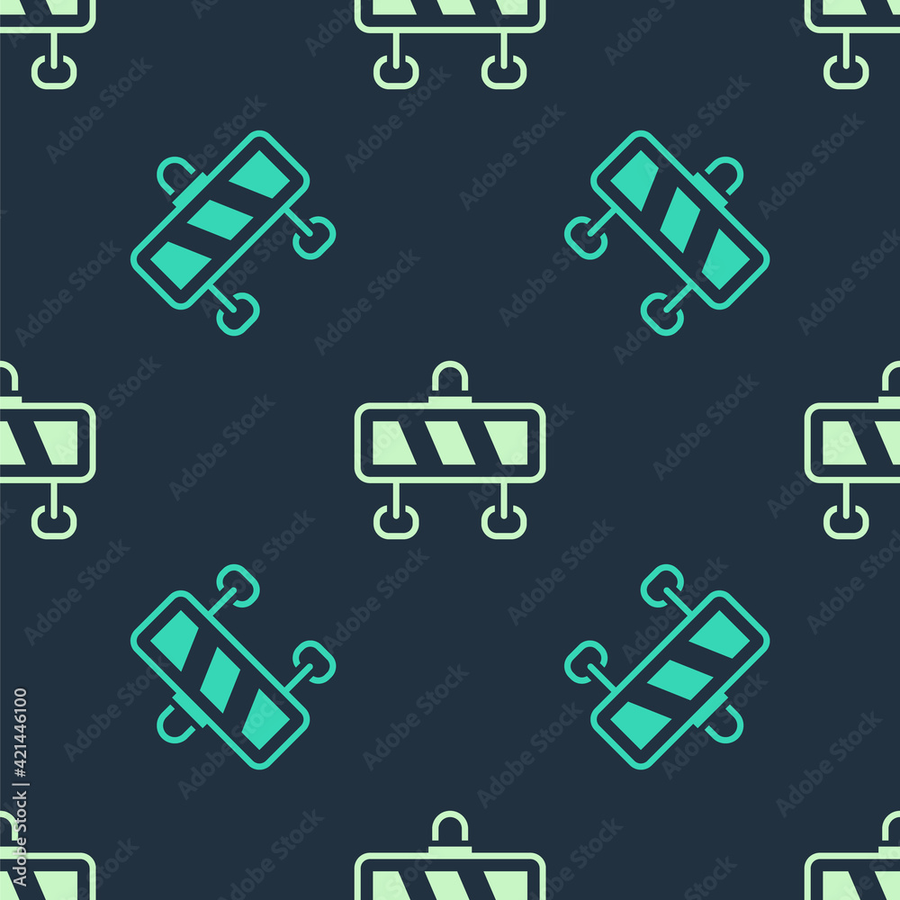 Green and beige Road barrier icon isolated seamless pattern on blue background. Symbol of restricted area which are in under construction processes. Repair works. Vector Green and beige Road barrier icon isolated seamless pattern on blue background. Symbol of restricted area which are in under construction processes. Repair works. Vector
