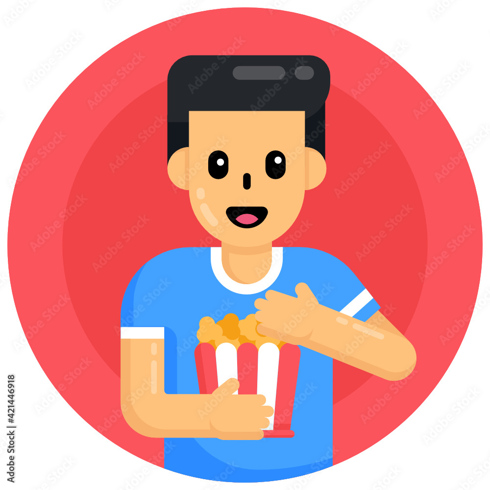 
Man eating snacks, flat round icon 

