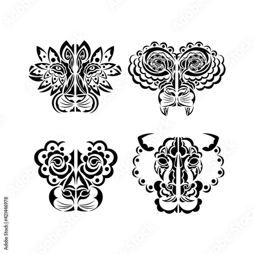 Lion tattoo set. Lion's face in boho style. Exclusive style. Vector