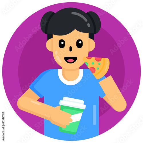 
A baby eating eating pizza, flat round icon

