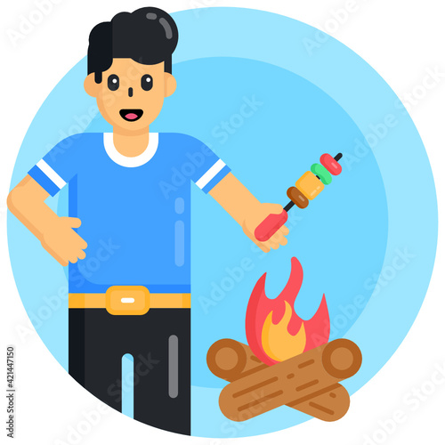 
An outdoor barbecue with campfire, flat icon 

