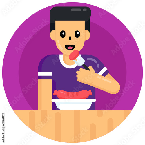 
Man eating sausage, flat rounded icon 

