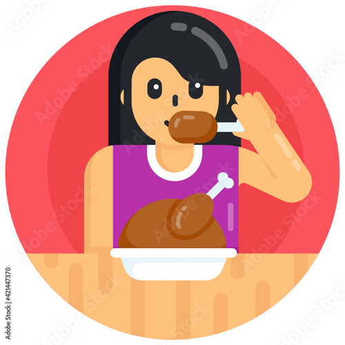 
Girl eating drumsticks, flat round icon 

