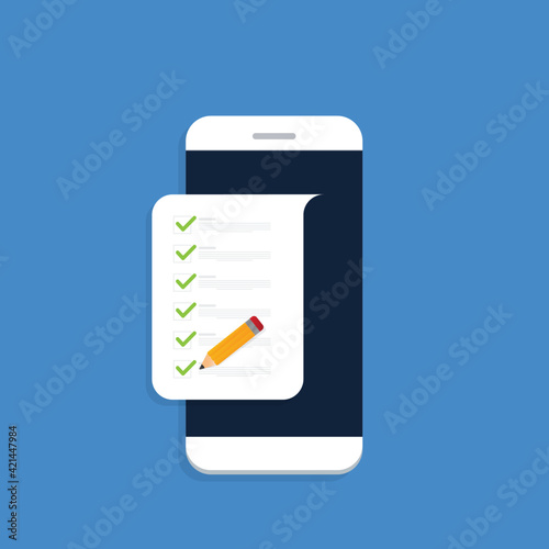 Check list document on smartphone, smartphone with paper check list and to do list with checkboxes, concept of survey, online quiz, completed things or done test, feedback.	
