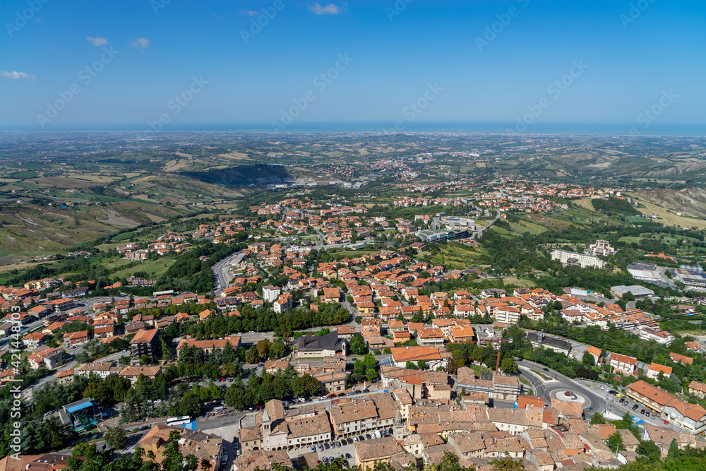 View towards Rimini and Adriatic Sea from Rocca della Guaita, castle in San Marino republic, Italy