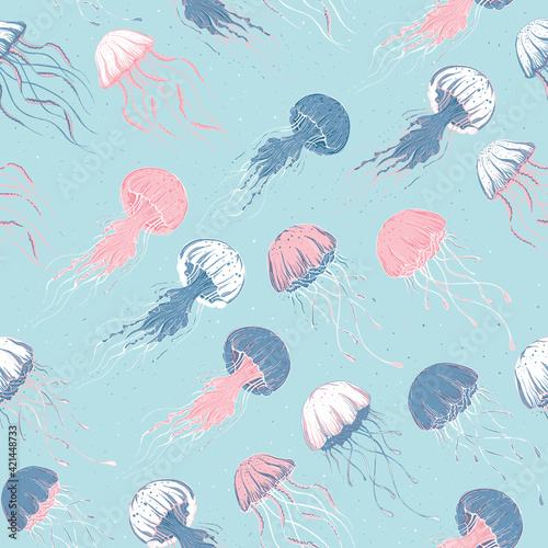 Vector blue pink jellyfish texture background seamless pattern print