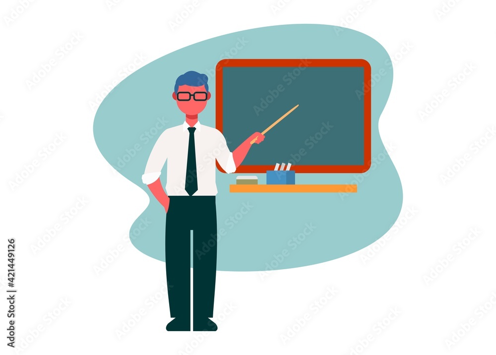 Teacher teaching in front of class. Simple flat illustration.