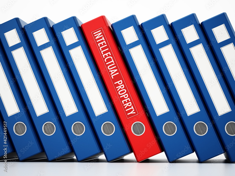 Red folder with intellectual property label standing out among regular folders. 3D illustration Red folder with intellectual property label standing out among regular folders. 3D illustration