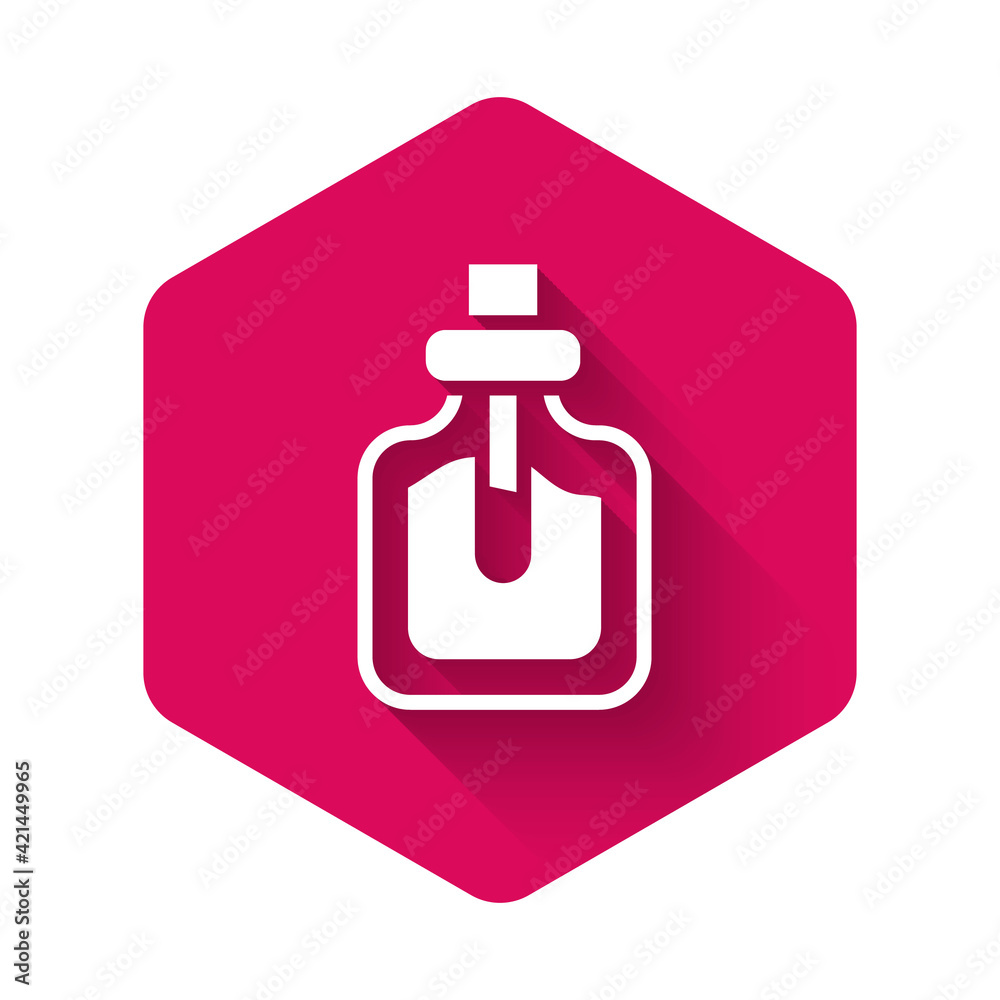 White Perfume icon isolated with long shadow background. Pink hexagon button. Vector White Perfume icon isolated with long shadow background. Pink hexagon button. Vector