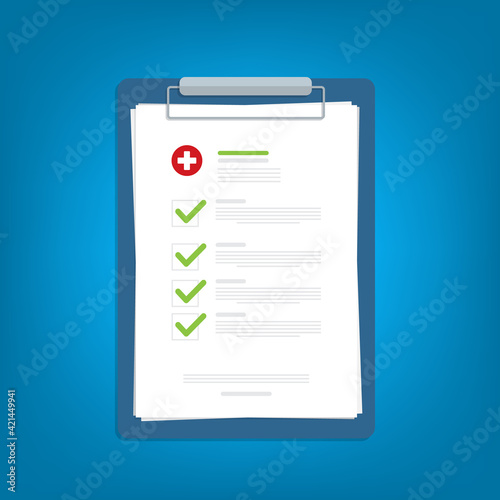 Medical report, medical document, health insurance concepts. Flat design.