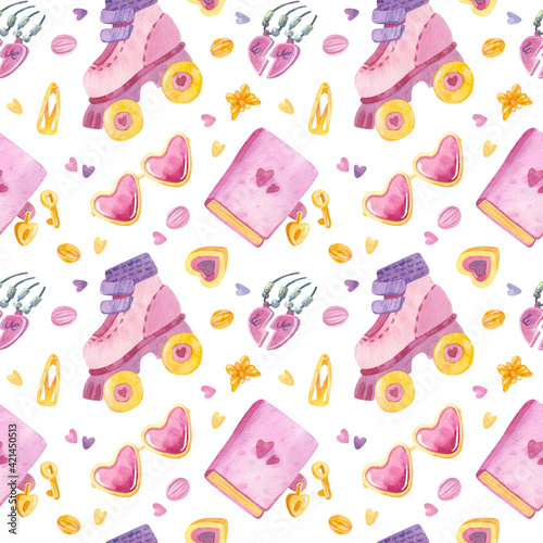 Retro seamless pattern. 90s toys, heart-shaped glasses, roller skates, love pendant, sweets, hairpins. Watercolor girlish clipart on white background.