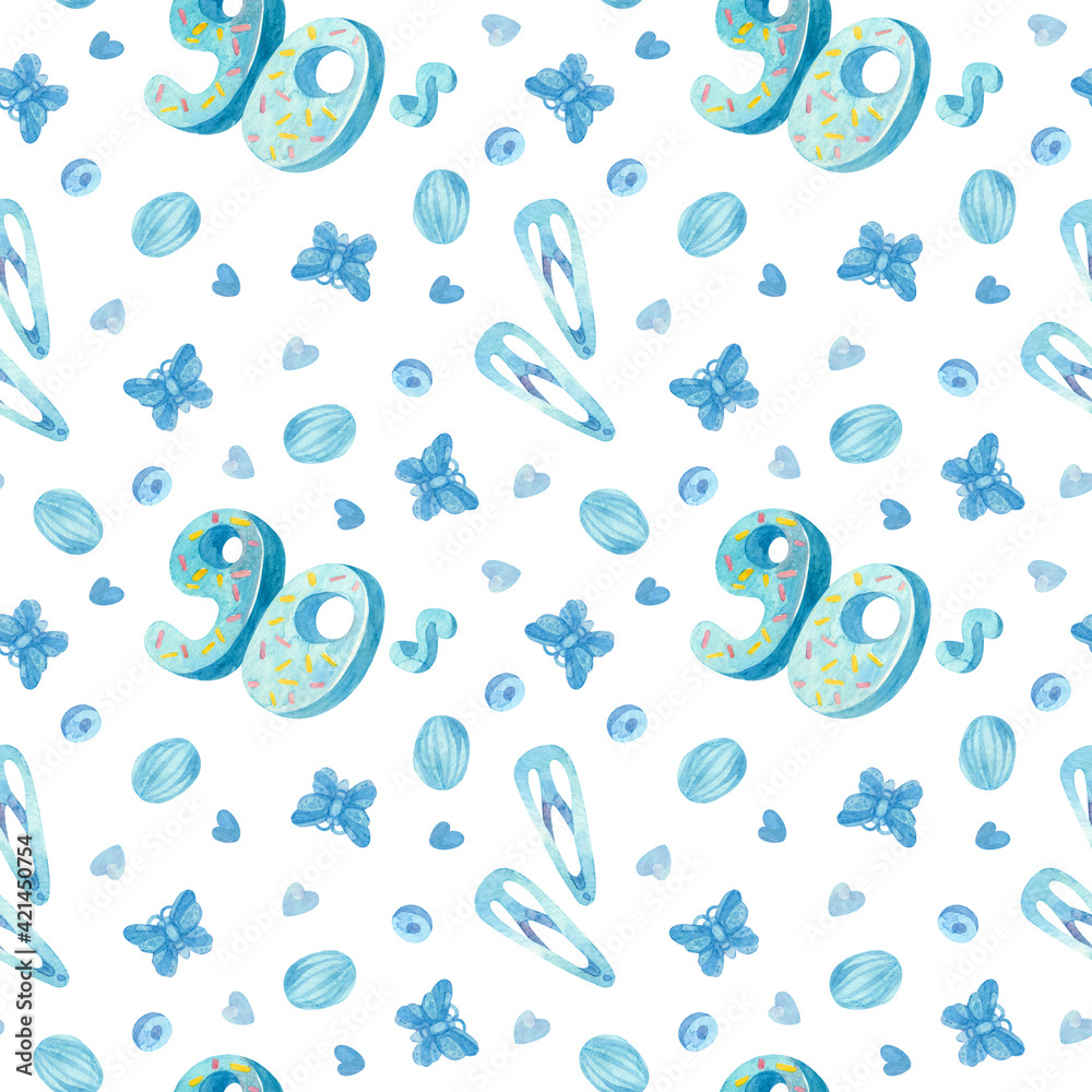 Retro seamless pattern. 90s toys, camera, candies,  butterfly hairpins, hearts. Blue watercolor girlish clipart on white background.