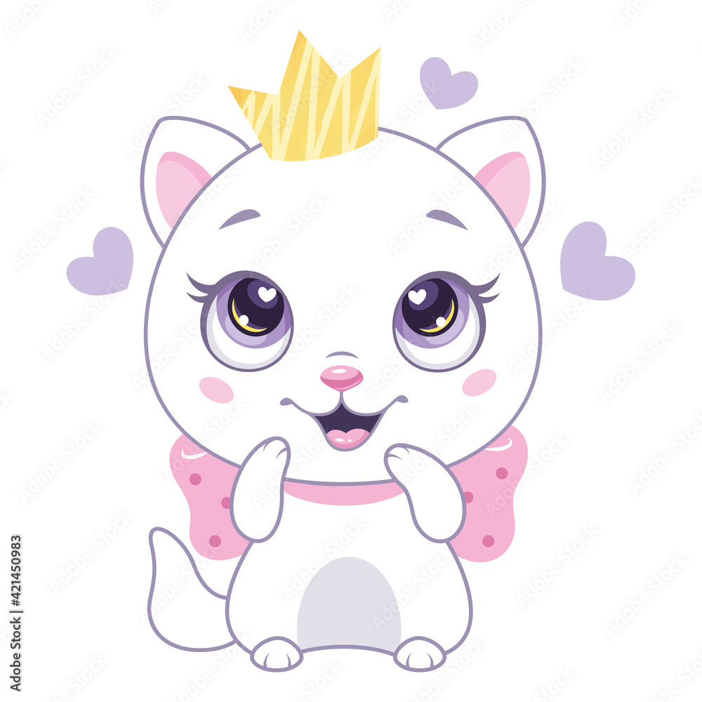White cat with crown delighted, happy kitten princess vector cartoon illustration White cat with crown delighted, happy kitten princess vector cartoon illustration