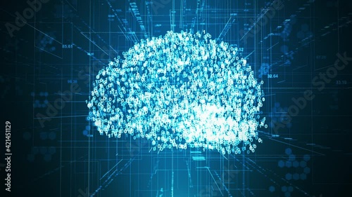 Digital network technology deep learning animation concept. Abstract coding digit brain perspective motion graphic seamless looping grid background.