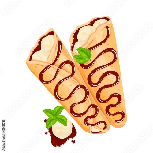 Crepes with bananas, chocolate and mint leaf. Pancakes vector illustration for ad design cafe or restaurant.