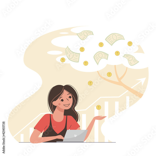 Vector nice cartoon girl makes money for a laptop. Cute happy young woman earns easily. Income increase graph. Bills and coins on the tree.