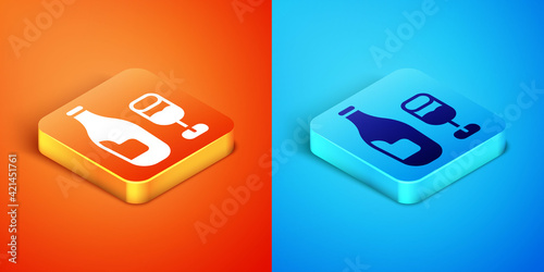 Isometric Wine bottle with glass icon isolated on orange and blue background. Vector