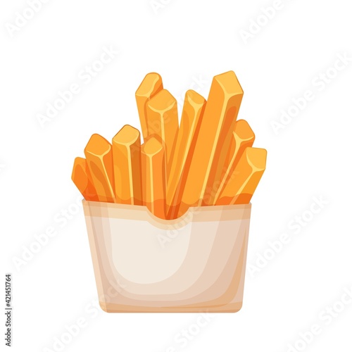 Vector french fries in carton package. Icon fast food for street cafe and cinema menu.
