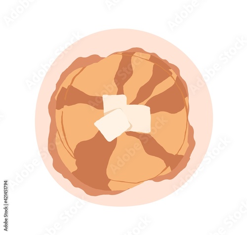 Stack of pancakes served with butter and honey or maple syrup. Top view of plate with sweet homemade hotcakes. Flat vector illustration of traditional American food isolated on white background