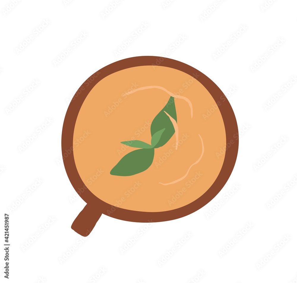 Cup of herbal tea with mint leaf. Top view of mug with hot fresh drink. Morning beverage. Colored flat vector illustration isolated on white background Cup of herbal tea with mint leaf. Top view of mug with hot fresh drink. Morning beverage. Colored flat vector illustration isolated on white background