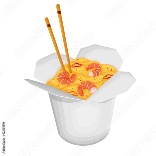 Paper box of Chinese noodles with shrimp and chopsticks. Takeaway carton wok box noodles . Takeout carton food package with noodle. Cartoon vector illustration of traditional Chinese or Thai dish.