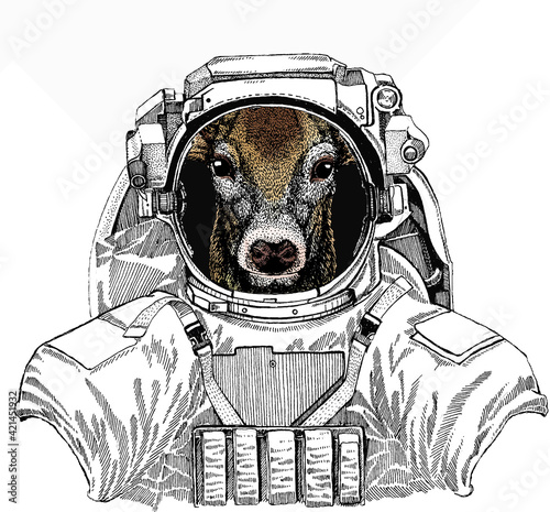 Wild astronaut animal in spacesuit. Deep space. Galaxy. Vector portrait of deer. Woodland animal head.