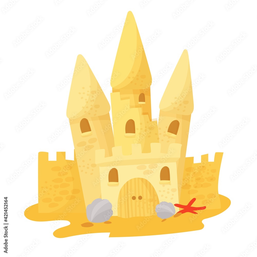 Sand castle on the beach. Vector illustration isolated on white background