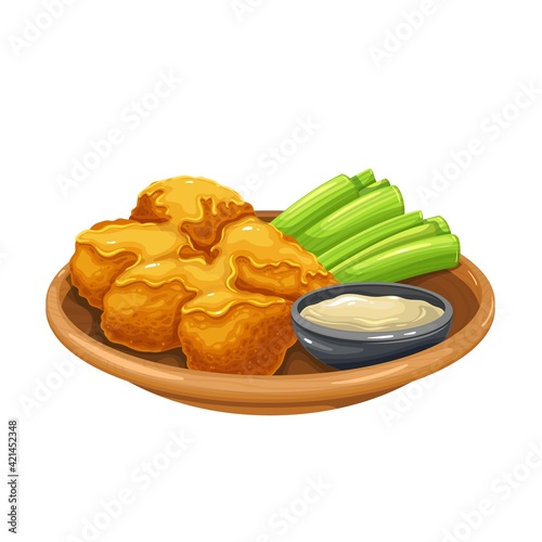 Buffalo Wings vector icon. Roasted chicken wings with celery stalks on a platter and sauce.