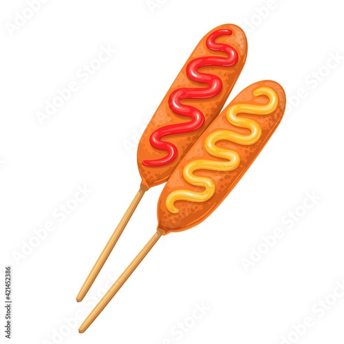 Corn dog vector icon. Sausage in dough on a stick with ketchup and mustard.