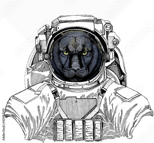 Black panther. Wild cat portrait. Wild astronaut animal in spacesuit. Deep space. Galaxy.