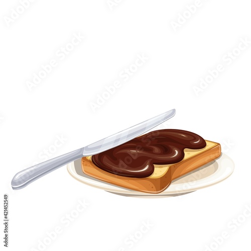 Chocolate spread on toast bread. Sweet breakfast chocolate cream with slice bread, vector illustration.