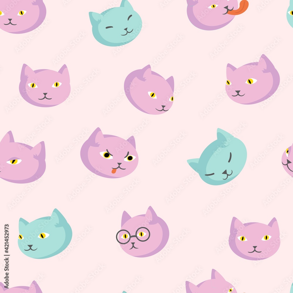 seamless Pattern with different cats heads isolated on pink background. Emotions, characters. Pink and turquoise colors. Textile, paper, walls design. Vector illustration.