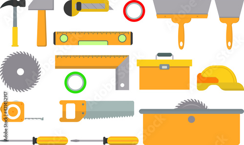 Construction accessories. Things for construction and renovation. Set of instruments.