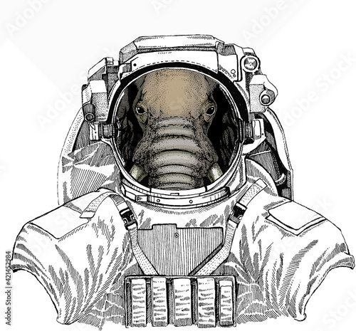 African elephant vector portrait. Wild astronaut animal in spacesuit. Deep space. Galaxy. Animal face, head.
