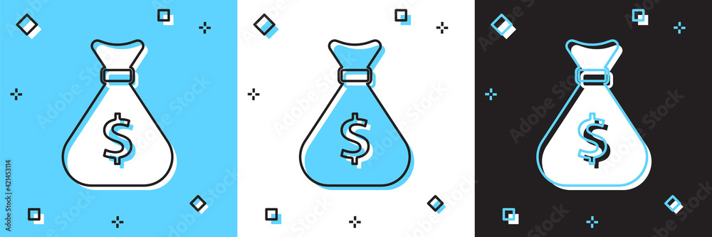 Set Money bag icon isolated on blue and white, black background. Dollar or USD symbol. Cash Banking currency sign. Vector Set Money bag icon isolated on blue and white, black background. Dollar or USD symbol. Cash Banking currency sign. Vector