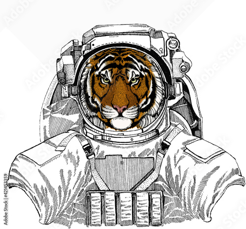 Vector tiger portrait. Animal head. Wild astronaut animal in spacesuit. Deep space. Galaxy.