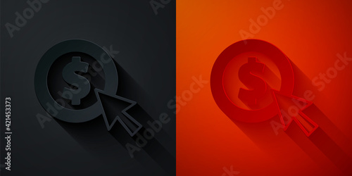 Paper cut Coin money with dollar symbol icon isolated on black and red background. Banking currency sign. Cash symbol. Paper art style. Vector