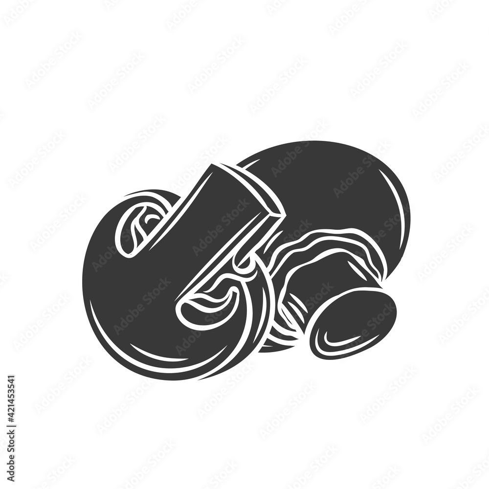 Champignon mushroom and slices glyph icon, vector cut monochrome badge. Tasty vegan ingredient isolated on white. Eco appetizing fungus, design element for food wrapping. Champignon mushroom and slices glyph icon, vector cut monochrome badge. Tasty vegan ingredient isolated on white. Eco appetizing fungus, design element for food wrapping.