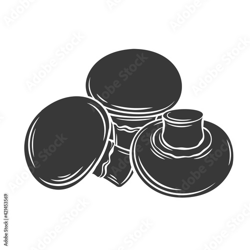 Champignon mushroom glyph icon, cut monochrome badge. Vegan ingredient isolated on white, design element for food wrapping.