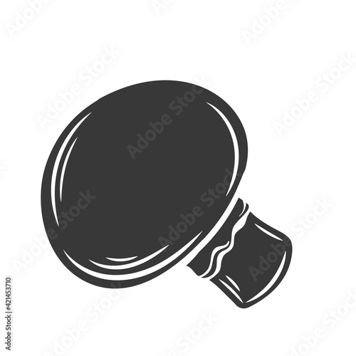 Glyph champignon mushroom glyph icon, cut monochrome badge. Vector illustration of champignon for retro vintage style menu design, flyer, wrapping.
