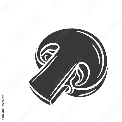 Glyph champignon mushroom glyph icon, cut monochrome badge. Vector illustration of champignon for retro vintage style menu design, flyer, wrapping.