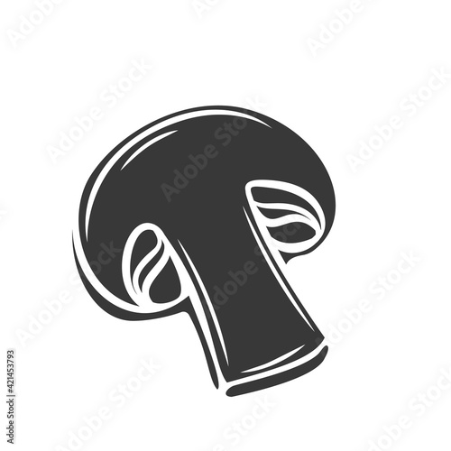 Glyph champignon mushroom glyph icon, cut monochrome badge. Vector illustration of champignon for retro vintage style menu design, flyer, wrapping.