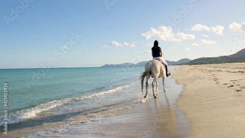 Back of equestrian woman riding horse on the beach getting wet on foreshore.