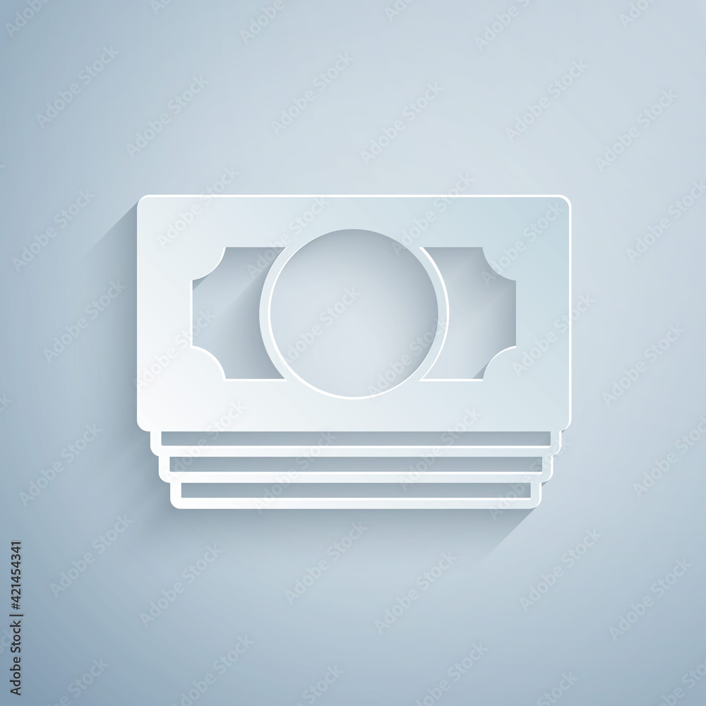 Paper cut Stacks paper money cash icon isolated on grey background. Money banknotes stacks. Bill currency. Paper art style. Vector Paper cut Stacks paper money cash icon isolated on grey background. Money banknotes stacks. Bill currency. Paper art style. Vector