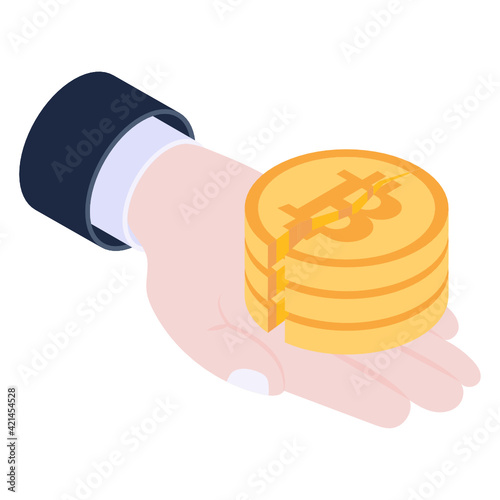
Coins on hand isometric trendy icon 

