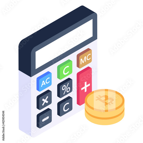 
Calculator with coins denoting isometric icon of bitcoin accounting 

